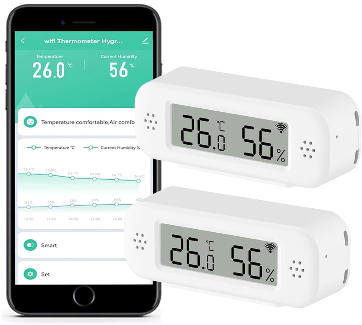 Draadloze WiFi thermometer en hygrometer voor binnen met slimme app en gegevensopname