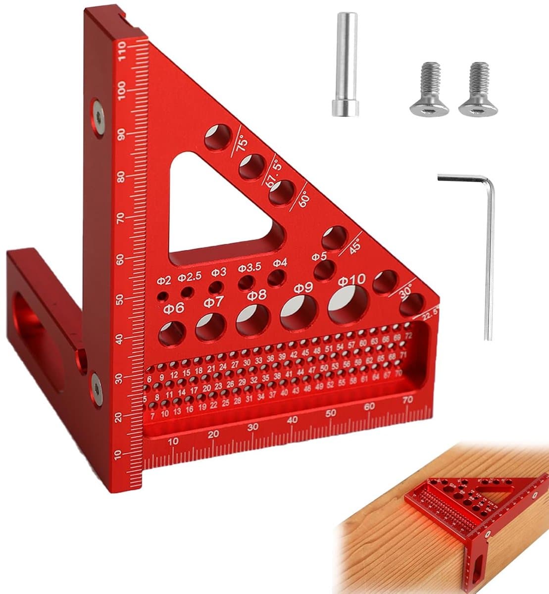 3D-timmerman met afschuining, hoek 22,5-90 graden, nauwkeurig timmermansgereedschap van aluminium, met positioneringsfunctie voor boren, 3-in-1: routeren/boren/meten (rood)