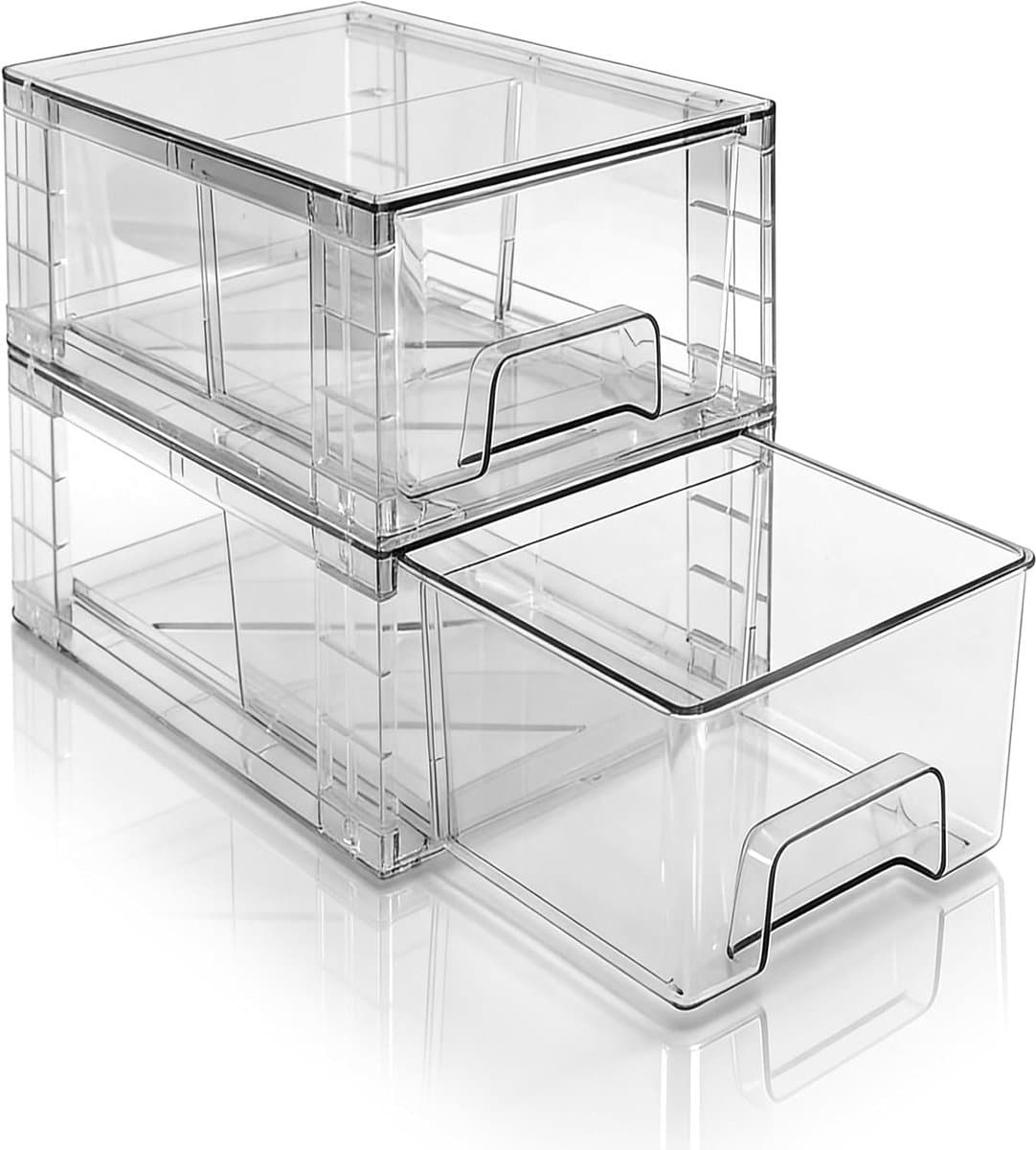 2-Pack Stapelbare Kleine Opberglades, Transparante Acryl Lade Organizers met Handvatten, Eenvoudig te Monteren voor Koelkast, Badkamer, Keuken Onder Kast, Voorraadkast Organisatie