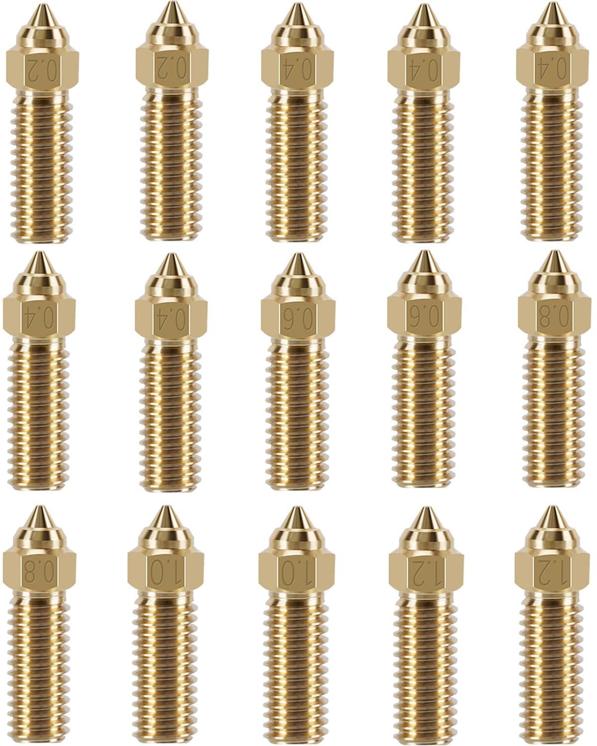 15 stuks messing sproeierset, 3D-printers hoge snelheid, 5 stuks sproeiers van 0,4 mm en 2 stuks 0,2 mm, 0,6 mm, 0,8 mm, 1,0 mm, 1,2 mm sproeiers, set voor