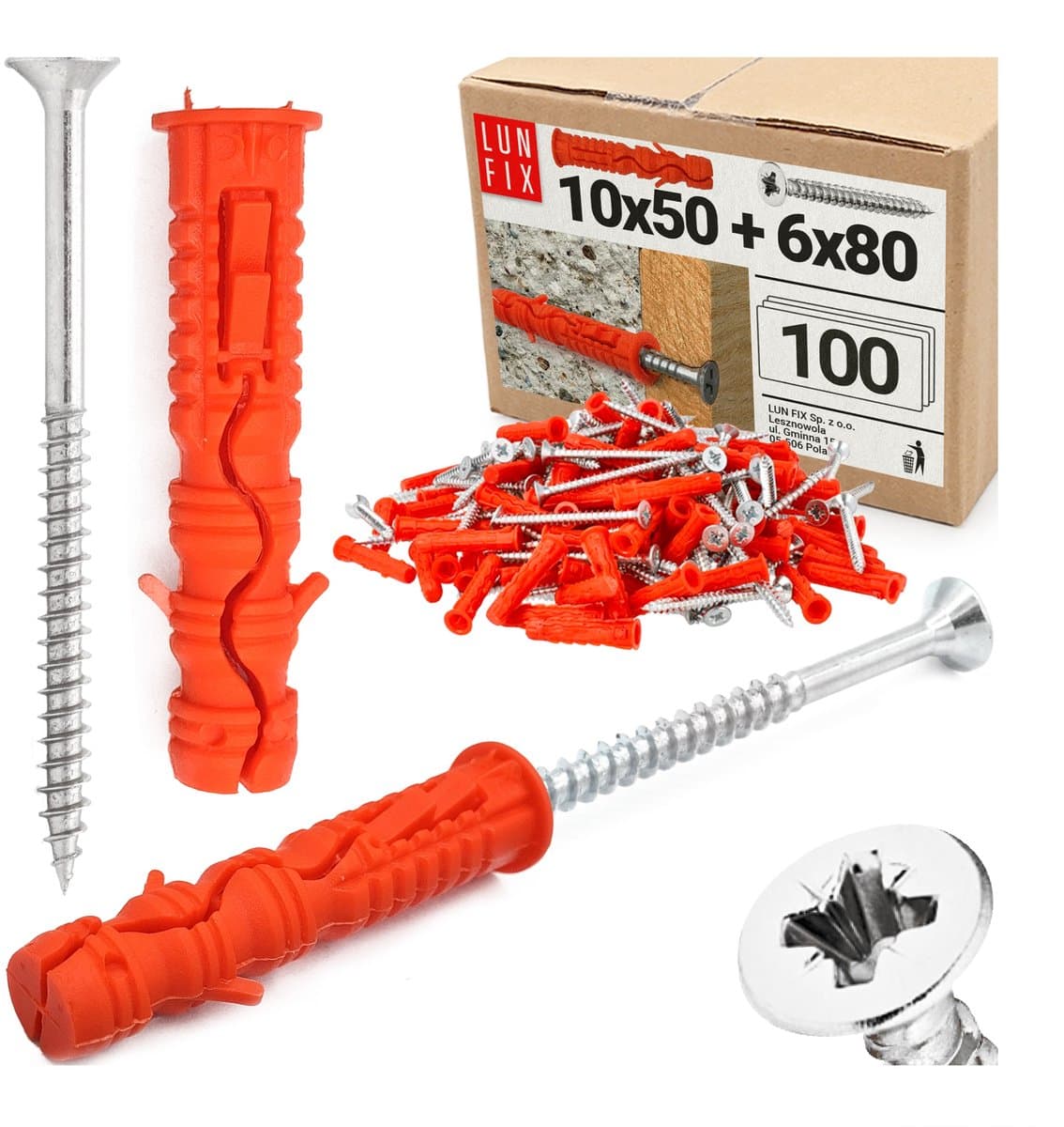 LUN FIX - Dübel Set 10x50 mm + schroeven 6x80 mm - 100 stuks - slagpluggen & universele pluggen - beton, baksteen, holle blokken