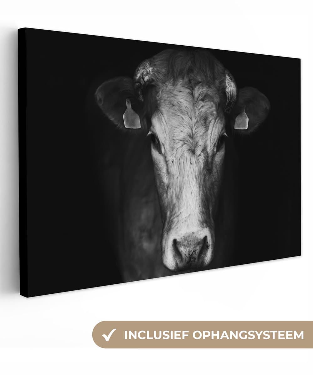 Canvas schilderij - Dieren - Koe - Zwart - Wit - Foto op canvas - Canvas - 90x60 cm - Woonkamer - Muurdecoratie