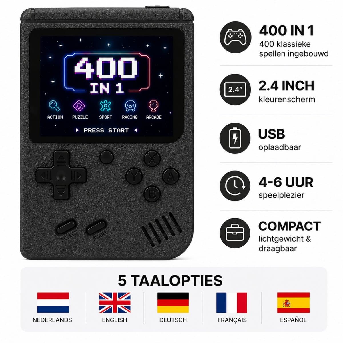 Fivesquare Retro Handheld Game Console – 400 Games Mini Arcade Spelcomputer met 2.4’’ Kleurenscherm – USB Oplaadbaar, Compact Reisspel voor Auto & Vliegtuig – Cadeau voor Jongens/Meisjes & Retro Gamers, Zwart