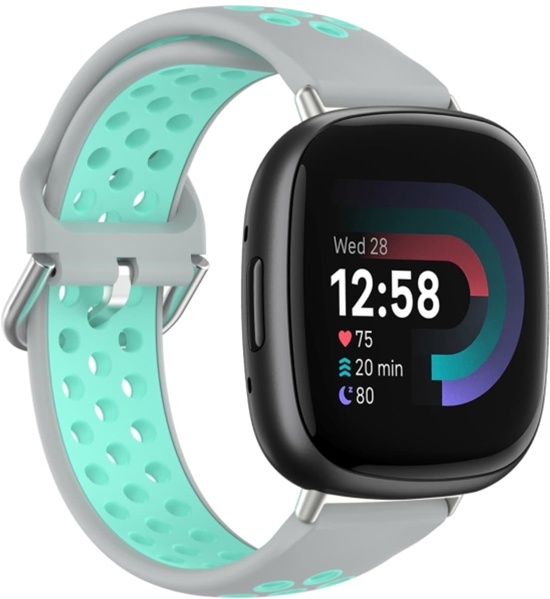 Voor Fitbit Versa 4 tweekleurige geperforeerde ademende siliconen horlogeband (grijs + groenblauw)