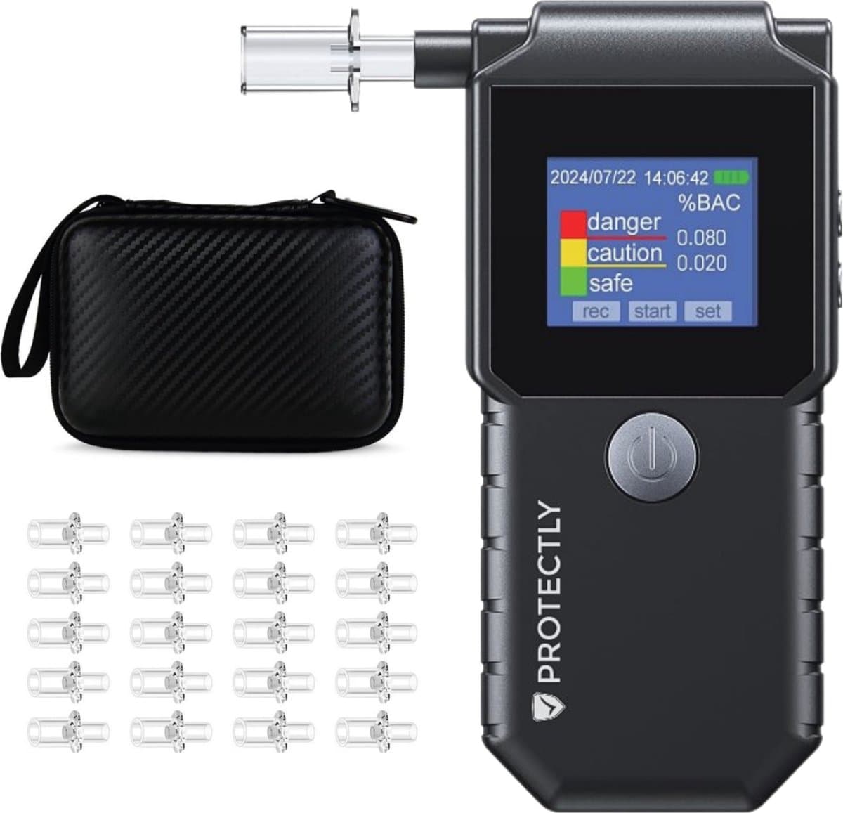 Protectly® Digitale Alcoholtester PRO – Incl. 20 Extra Mondstukjes - Alcoholtesters - Blaastest Alcohol – Alcoholmeter – Toegestaan in o.a. Nederland, Frankrijk en België - USB-C Oplaadbaar - HD-Display - 2026 Model