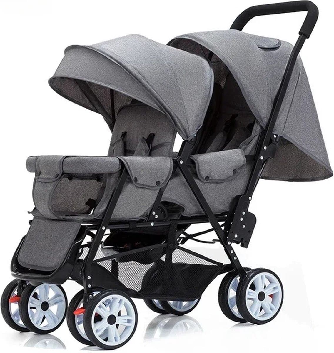 Seastone - Tweelingkinderwagen - Tweelingwagen - Tweeling Buggy - Opvouwbaar - Meerdere Standen - 72 x42x 97 cm - Inclusief haakjes - Gratis Mosquito net - Grijs