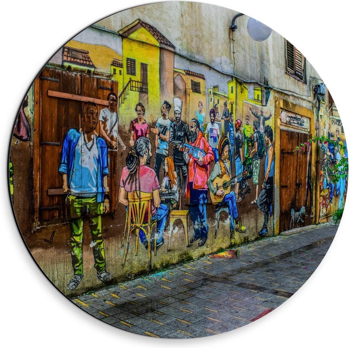 Dibond Wandcirkel - Muurschildering Werkende Mensen en Muziekanten - 30x30cm Foto op Aluminium Wandcirkel (met ophangsysteem)