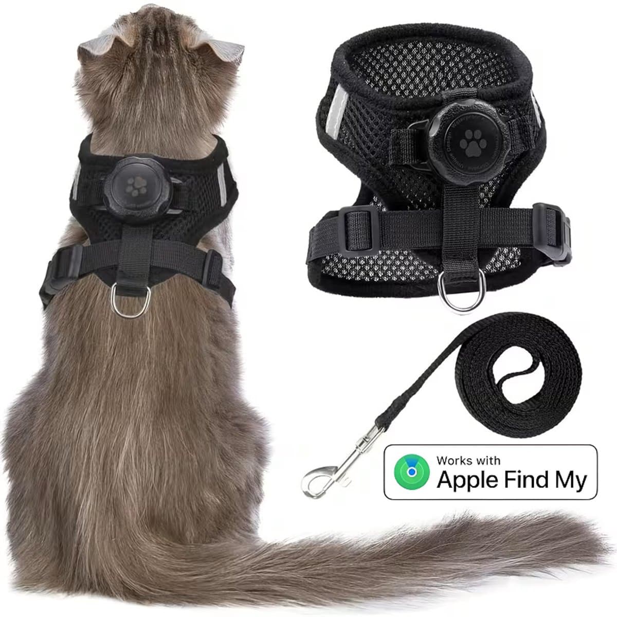 BlueTime - Kattenhalsband inclusief Tag - Tuigje Kat - Halsband Kat - Halsband Kitten - Kattenhalsband - Geschikt voor Apple Find My - Katten Halsband - Kattenriem - GPS Tracker Kat - Kattenharnas - GPS Kat - Maat L - Zwart