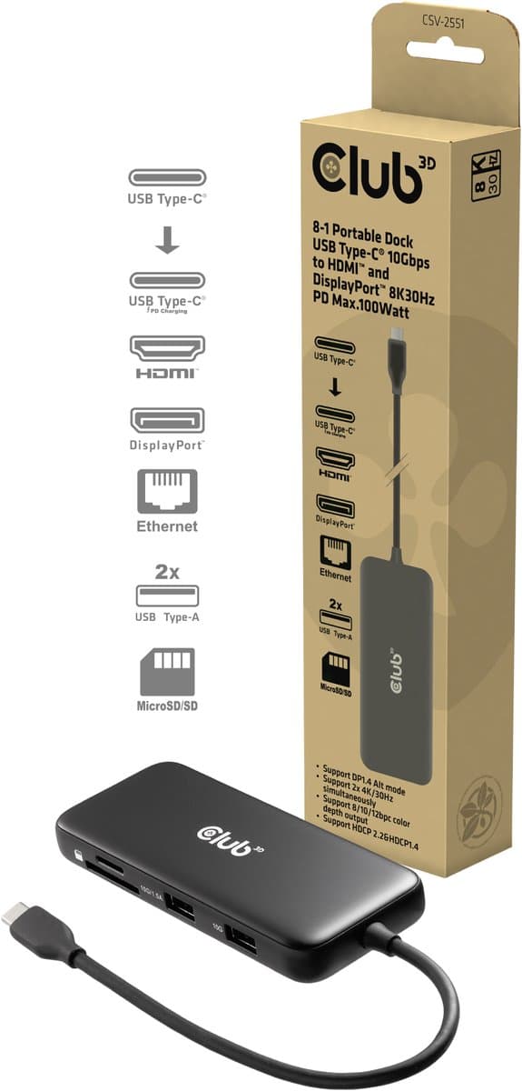 Club 3D 8-1 Portable Dock USB Type-C® 10Gbps to HDMI™ and DisplayPort™ 8K30Hz PD Max.100Watt