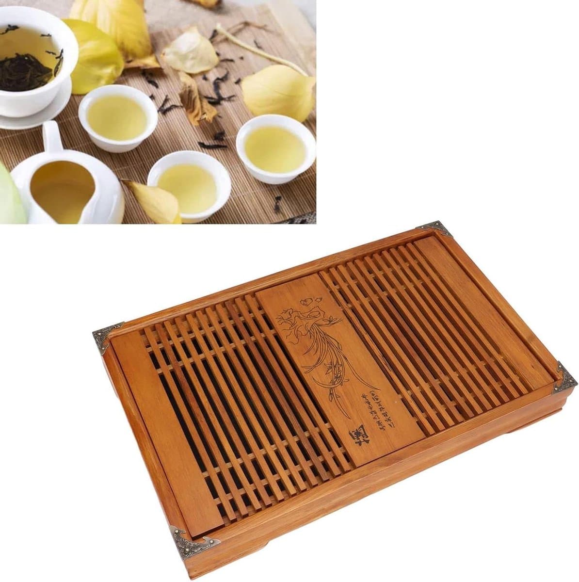 Houten Chinees Theeblad Met Drainage Voor Theetafel - Japanse Theeset Voor Kantoor - Gele Orchidee - Thee-accessoires - Theebenodigdheden