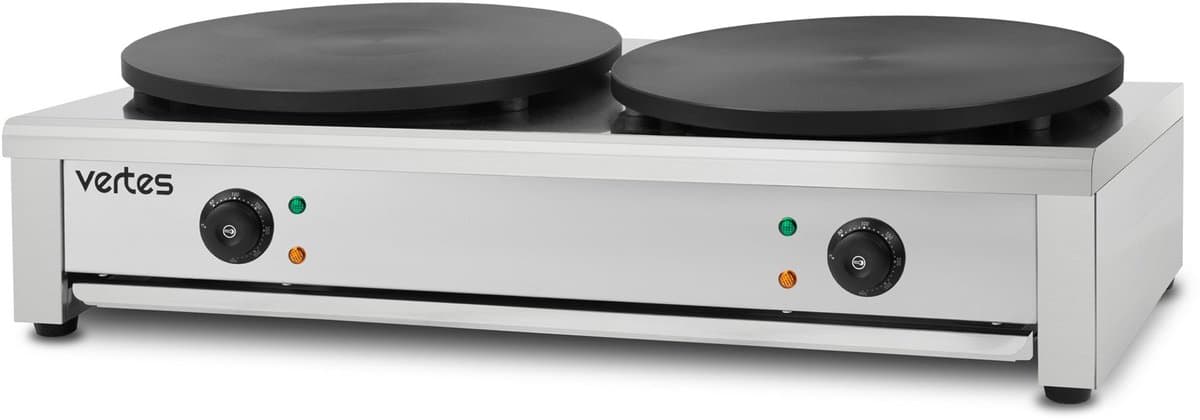 VERTES Crêpesmaker Dubbele crêpesmaker Elektrisch van roestvrij staal met 2x 40 cm plaat 2x 3000 W, antiaanbaklaag, temperatuur traploos regelbaar van 50-300 °C, Gastro Profi, incl. houten verdeelmes