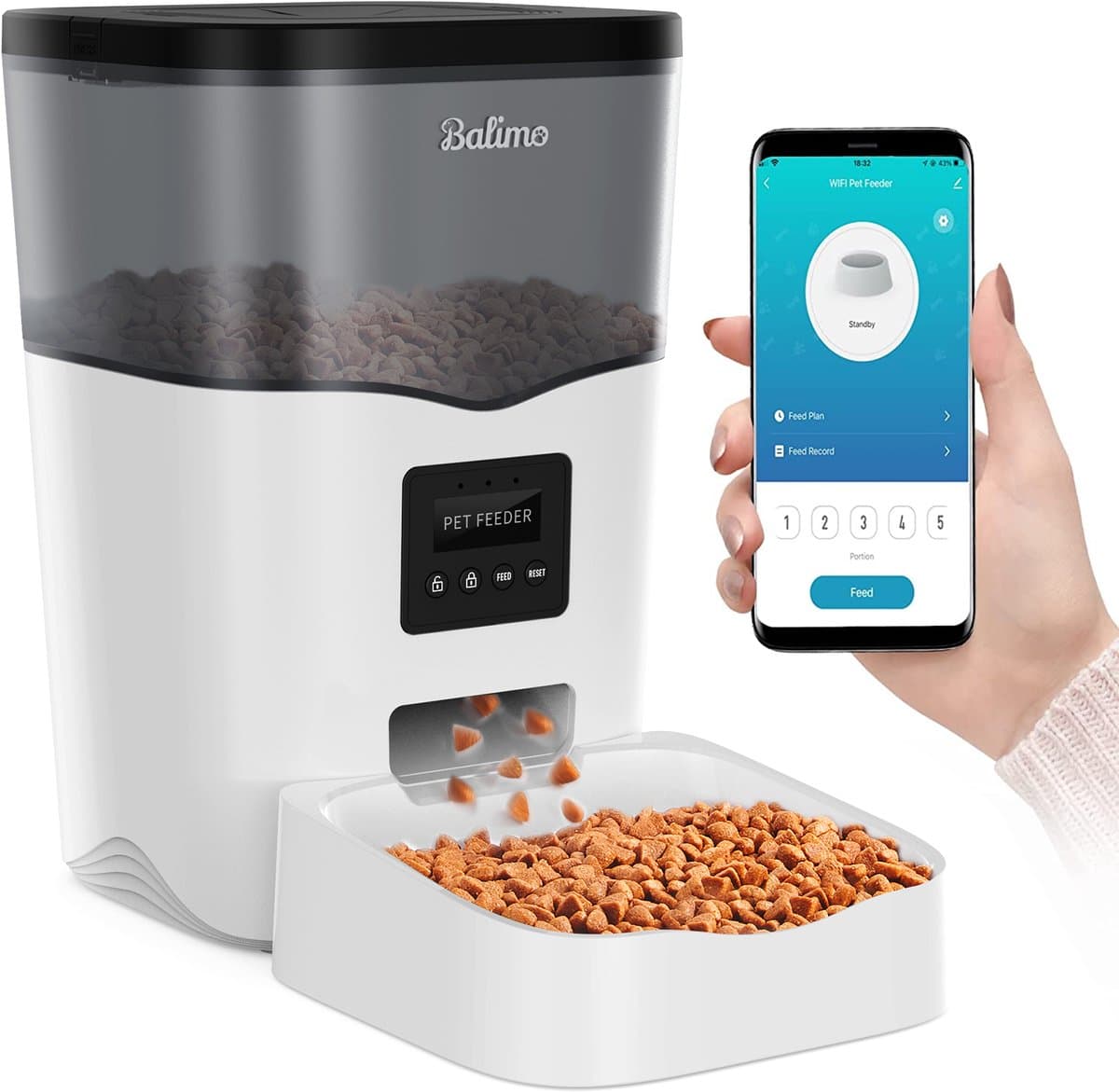 Balimo Automatische Voerbak - Kat en Hond -Voerautomaat Met App - Voice Recorder - Voerautomaat hond - Voerautomaat Dispenser Kat - WiFi - 3L - Wit