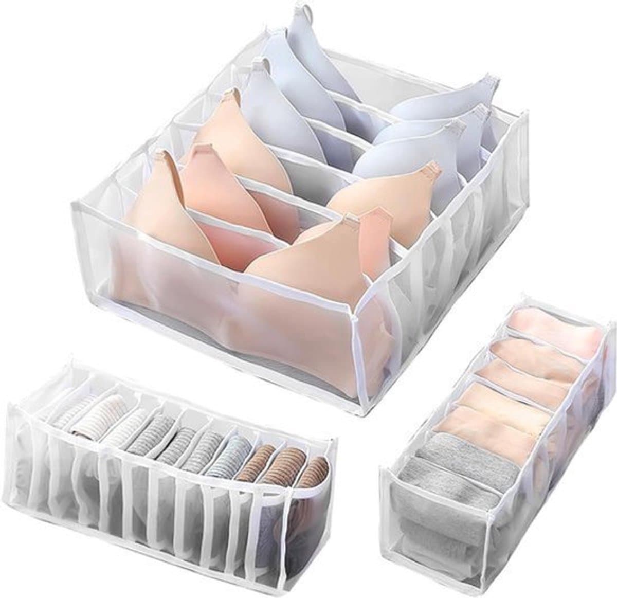 Opvouwbare lade-organizer voor sokken, ondergoed en beha's - set van 3 - mesh-rooster - wasbaar & draagbaar