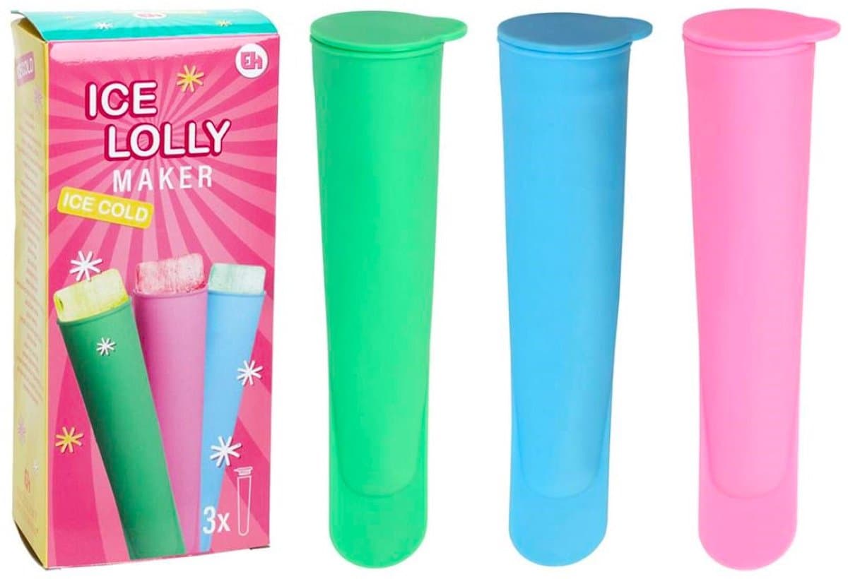 Zelf ijs maken / ijslollymaker / set van 3 siliconen waterijs vormen met dop in 3 kleuren (roze / groen / blauw) geschikt om zelf in te vriezen