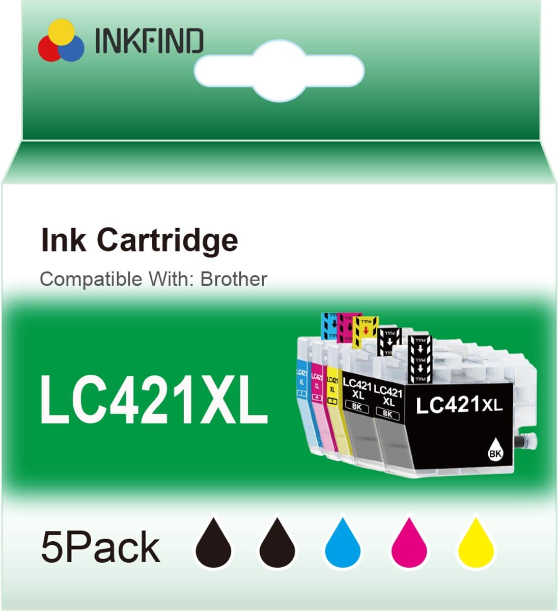 INKFIND LC421XL inktcartridges Multipack voor BrotherLC421 BrotherLC421XL Brother LC-421 LC-421XL 5 stuks (2 x zwart, 1 x cyaan, 1 x magenta, 1 x geel) Geschikt voor Brother LC421 LC421X voor Brother DCP J1140DW DCP J1050DW DCP J1800DW MFC J1010DW