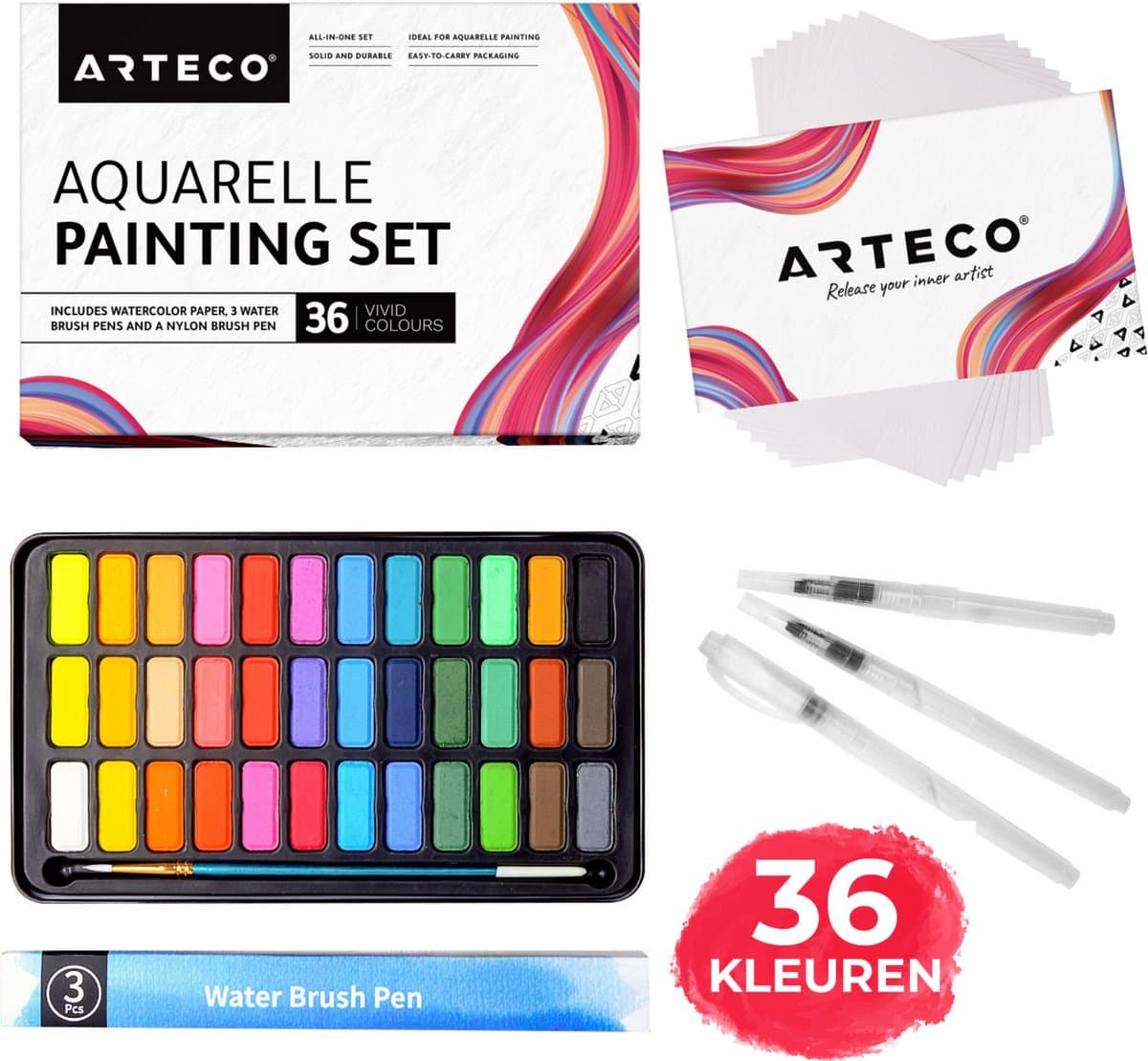 ARTECO® 36 Kleuren Aquarelverf Set – Inclusief 3 Water Brush Pennen en Aquarelpapier - Waterverf - Cadeau