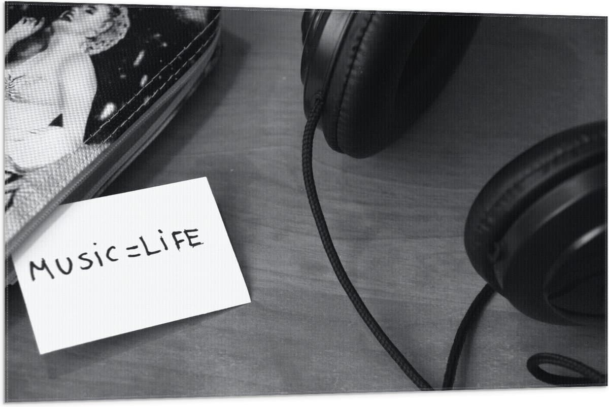 Vlag - Koptelefoon met Aantekening ''Music = Life'' (Zwart- wit) - 105x70 cm Foto op Polyester Vlag