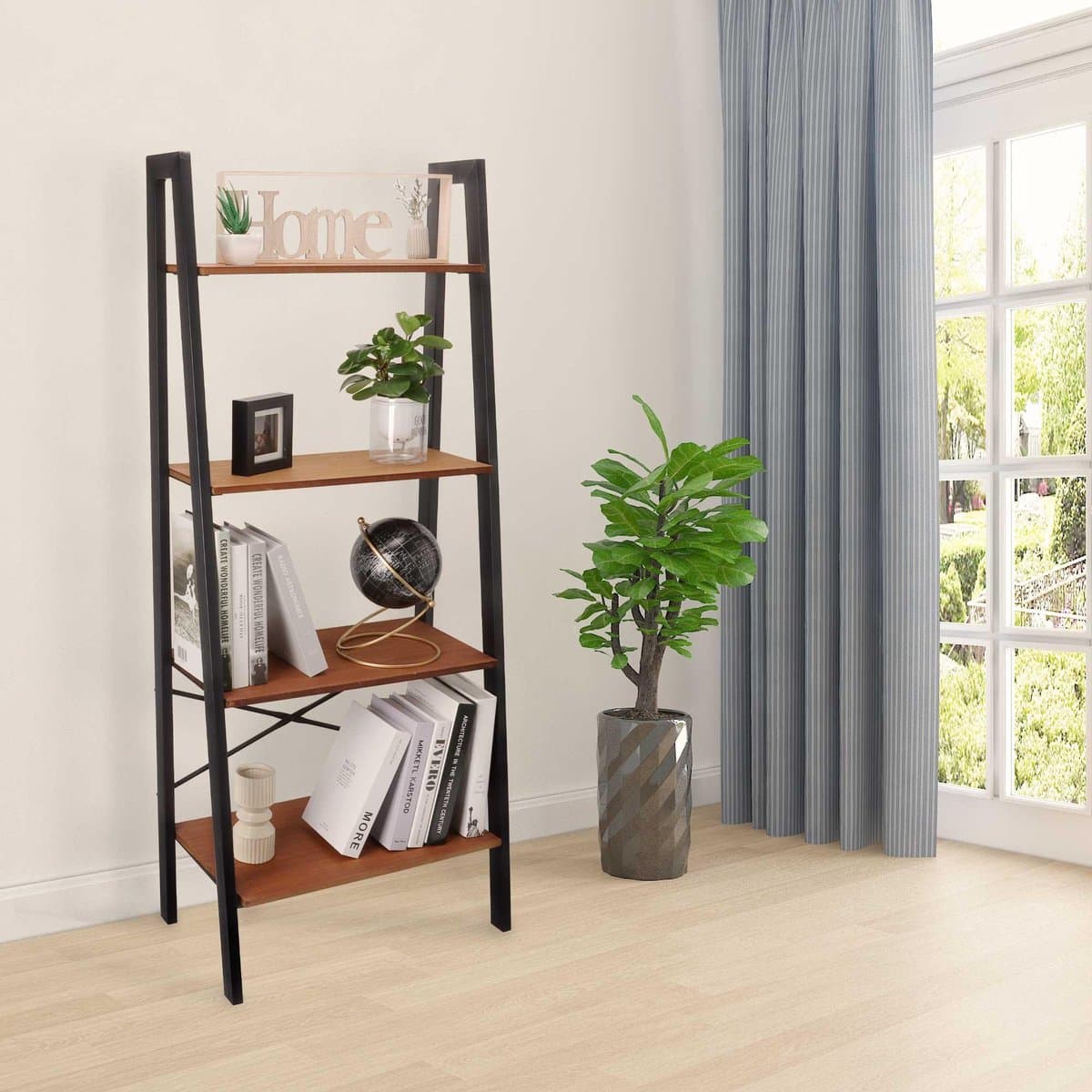 Bobbel Home Boekenkast – Industrieel – Ladderkast – Metaal/Hout – Zwart/Bruin – 137,5 cm Hoog x 56 cm Breed x 34 cm Diep – 4 Legplanken