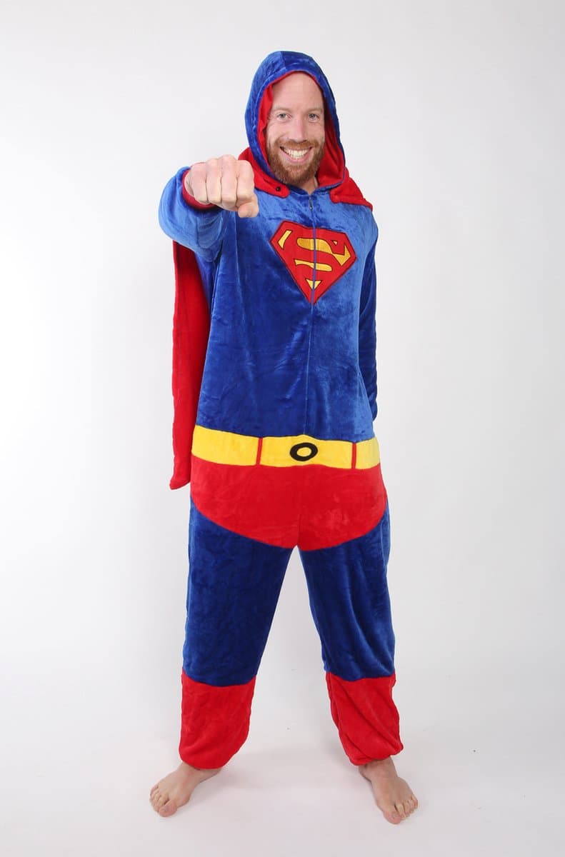 KIMU® Onesie Superman Pak Kind Kostuum met Cape - Maat 110-116 - Supergirl Jumpsuit Fleece Pyjama Huispak Jongens Meisjes Kinderen Fleece Man Festival