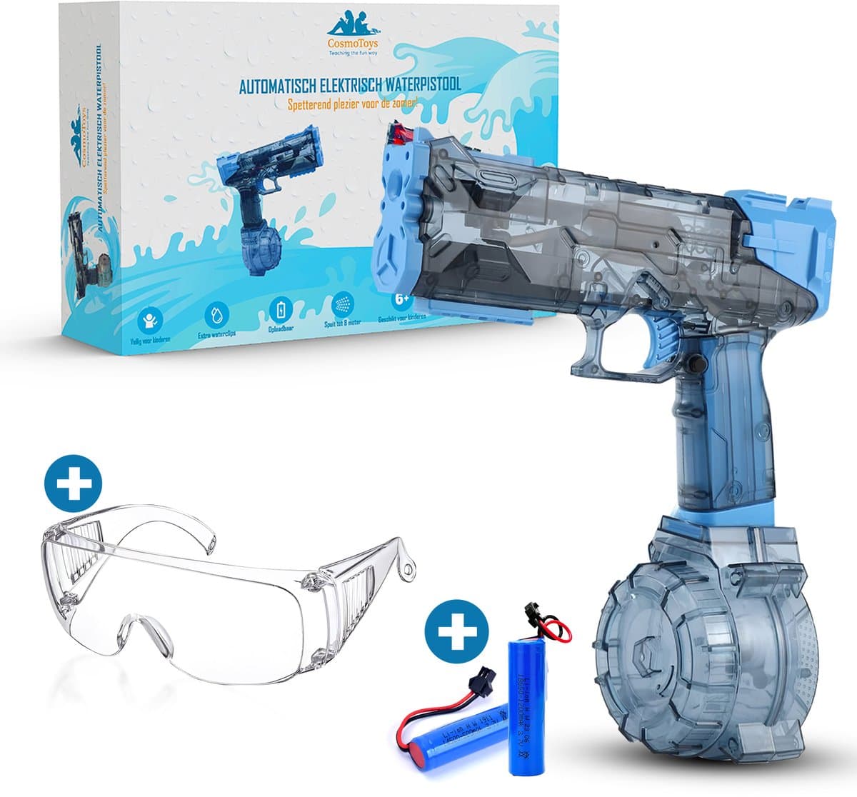 CosmoToys Waterpistool - Elektrisch - Waterspeelgoed - 8 Meter Bereik - Inclusief 2 Accu's - USB Oplaadbaar - Blauw