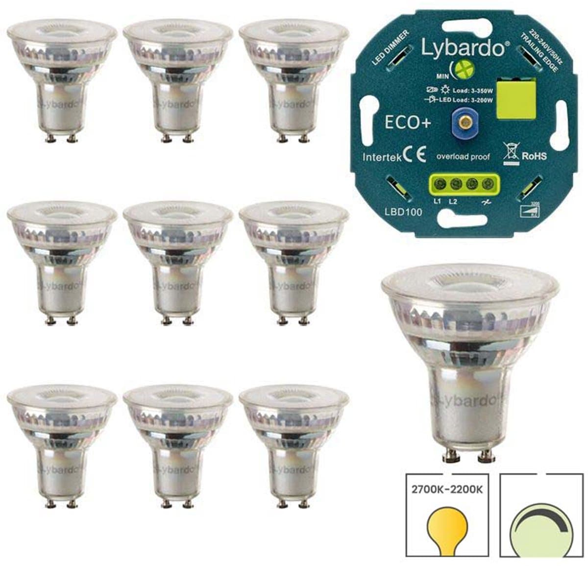 Lybardo - GU10 LED lamp - 10 pack - 5.5W - Dimbaar - Dim to warm 2200K-2700K + LED Dimmer 3-200W