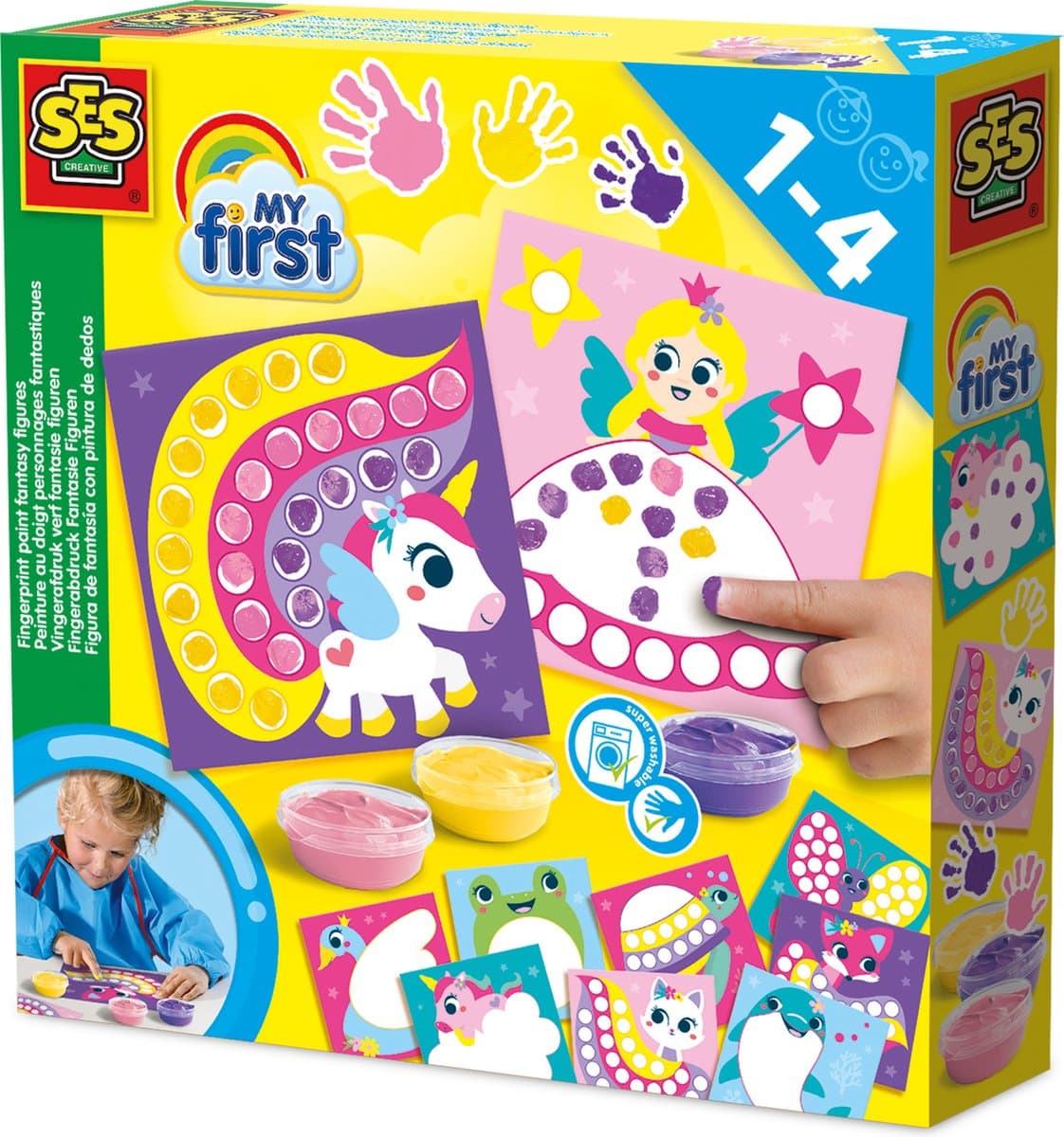 SES Creative - My first – Stippen met Vingerverf Fantasie Figuren - 10 vrolijke vingerverf kaarten in prinsessen feeën thema – Unicorn – Glutenvrij - 1 tot 4 jaar