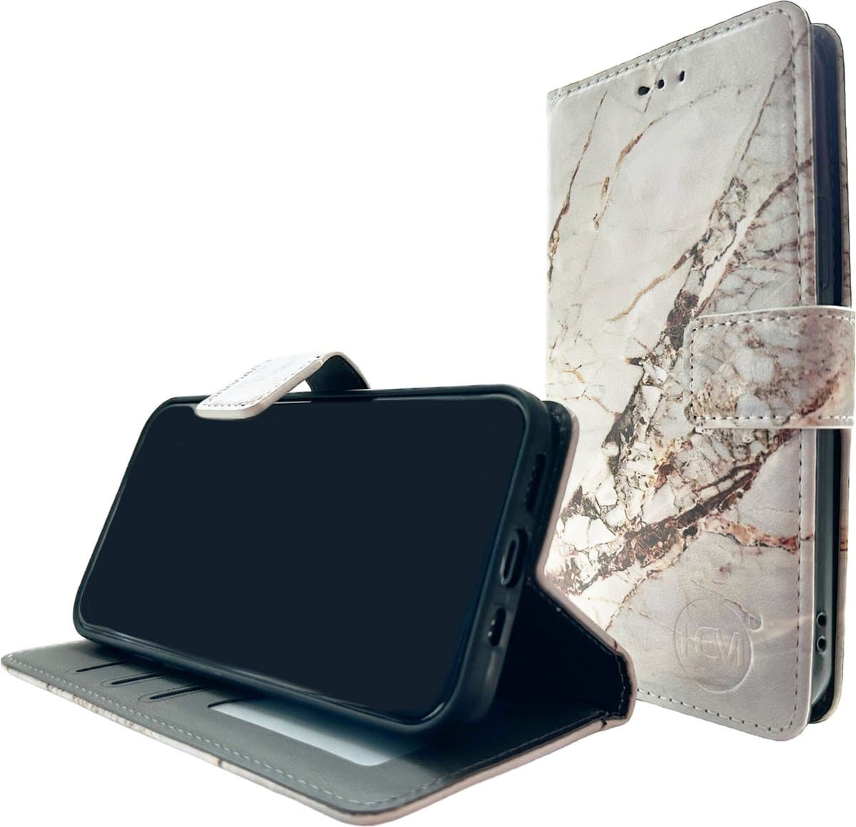 HEM Stylish Book Case (geschikt voor S22 Ultra) Samsung S22 Ultra hoesje met 3 pasjesuitsnedes + fotovakje - Portemonneehoesje - pasjeshouder - Marble Wit/Goud
