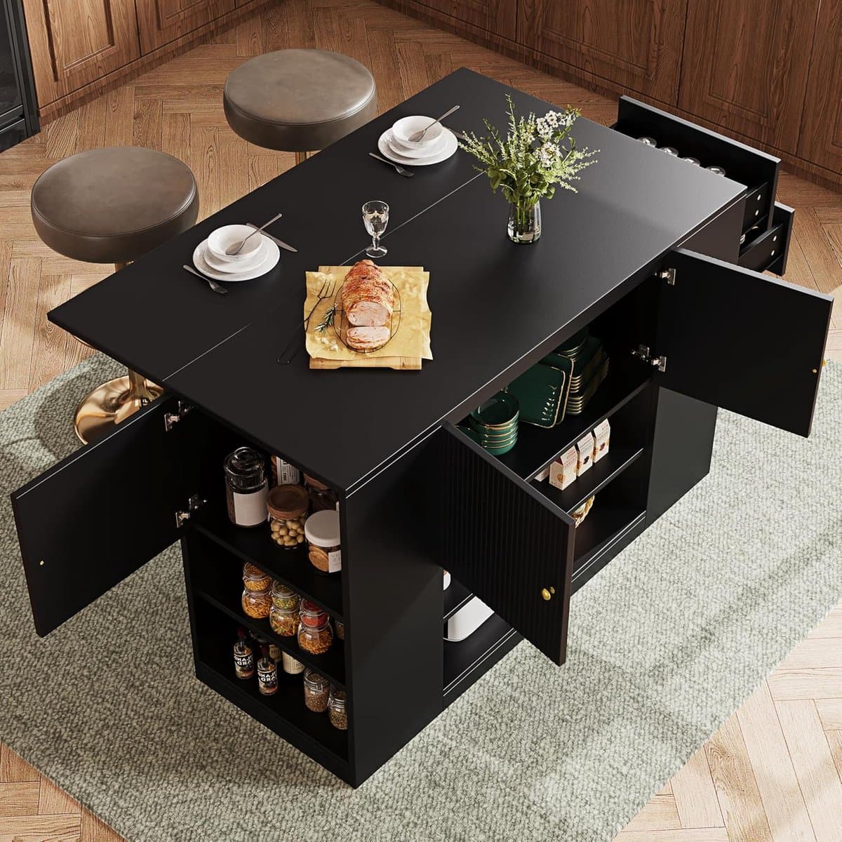 Luxe Modern Keukeneiland met Uitklapbaar Werkblad en Opbergruimte 140x70x90 cm – Multifunctioneel Keukenbuffet met Lades, Planken en Eetgedeelte – Zwart