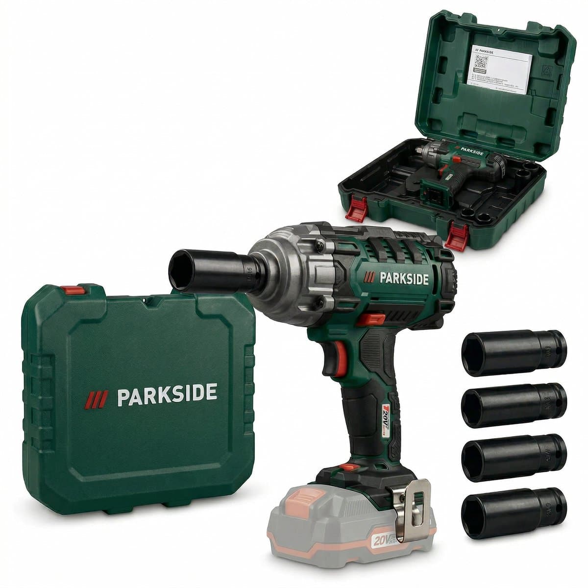 PARKSIDE Accu-motorvoertuig - Slagmoersleutel 20V 4.0AH - Zonder Accu en lader - Met Koffer - 400 Nm - Incl. 4 doppen (17, 19, 21 en 23 mm) - Slagmoersleutelset - Elektrisch - Slagschroevendraaier - Wieldoppen