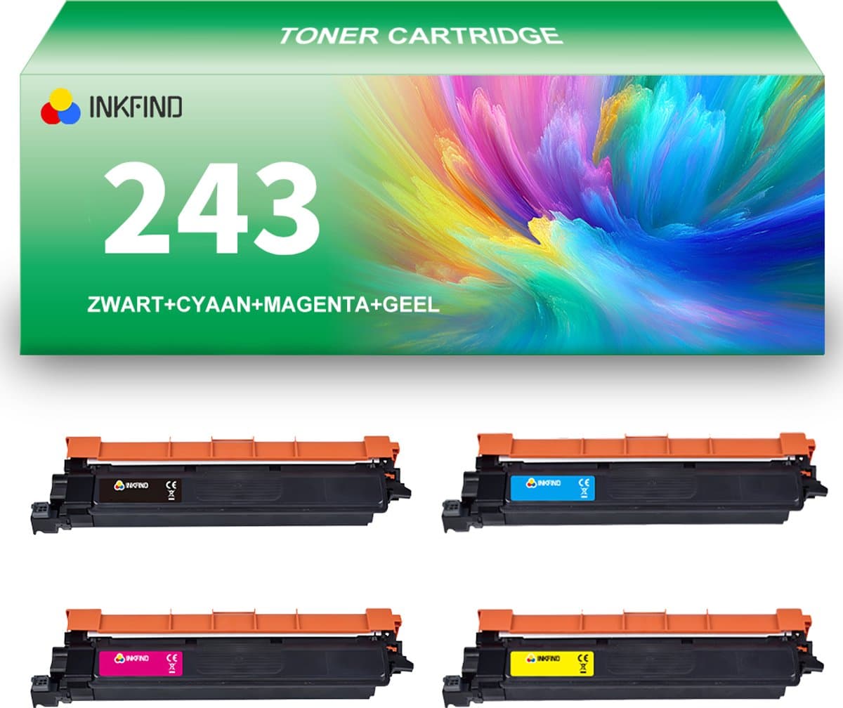 INKFIND TN243 tonercartridge multipack van 4 stuks (Zwart+Cyaan+Magenta+Geel) compatibel met Brother TN243BK/TN243C/TN243M/TN243Y TN-243BK/TN-243C/TN-243M/TN-243Y (Zwart+Cyaan+Magenta+Geel) toner cartridge -4-pack BK/C/M/Y