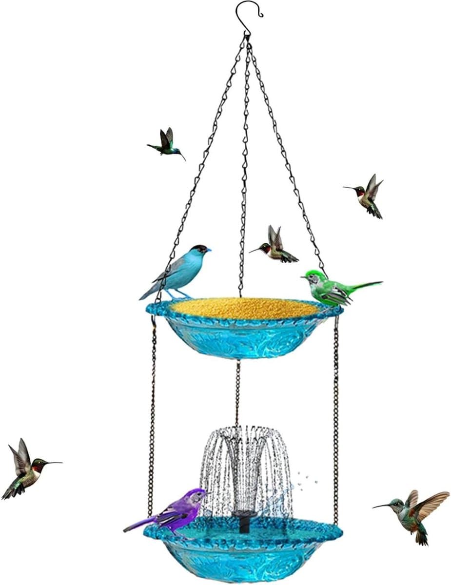 Vogelbad Fontein - Decoratieve Tuinfontein - Vogels Aantrekken - Op Zonne-energie - 25 x 25 x 6 cm - Blauw