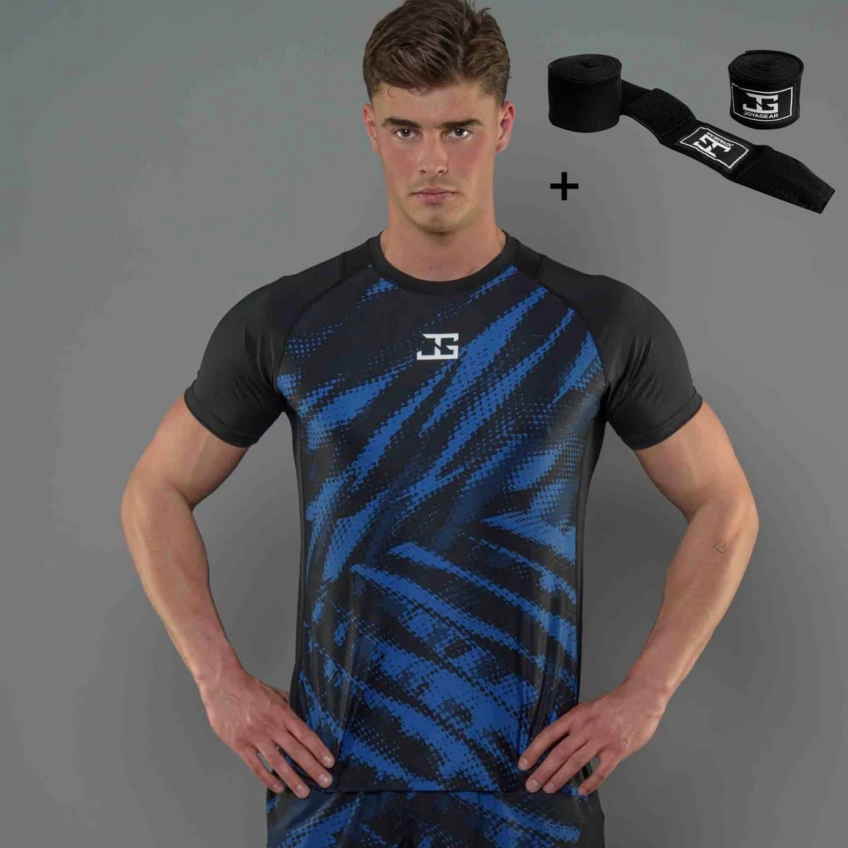 Joyagear Elite MMA Shirt Blauw L – Ademend Sportshirt – Sneldrogend – Mesh Ventilatie – Inclusief Bandage