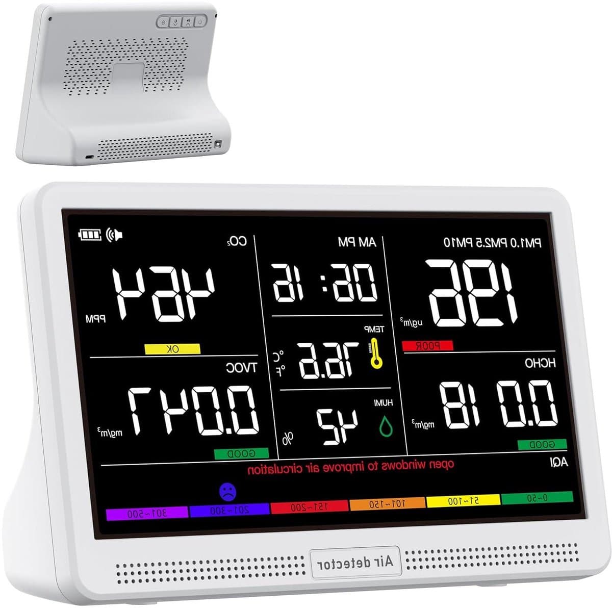 Luchtkwaliteitsmonitor - Luchtmeter - Binnenlucht Meten - 16-in-1 Functies - 7 inch Display - Zwart