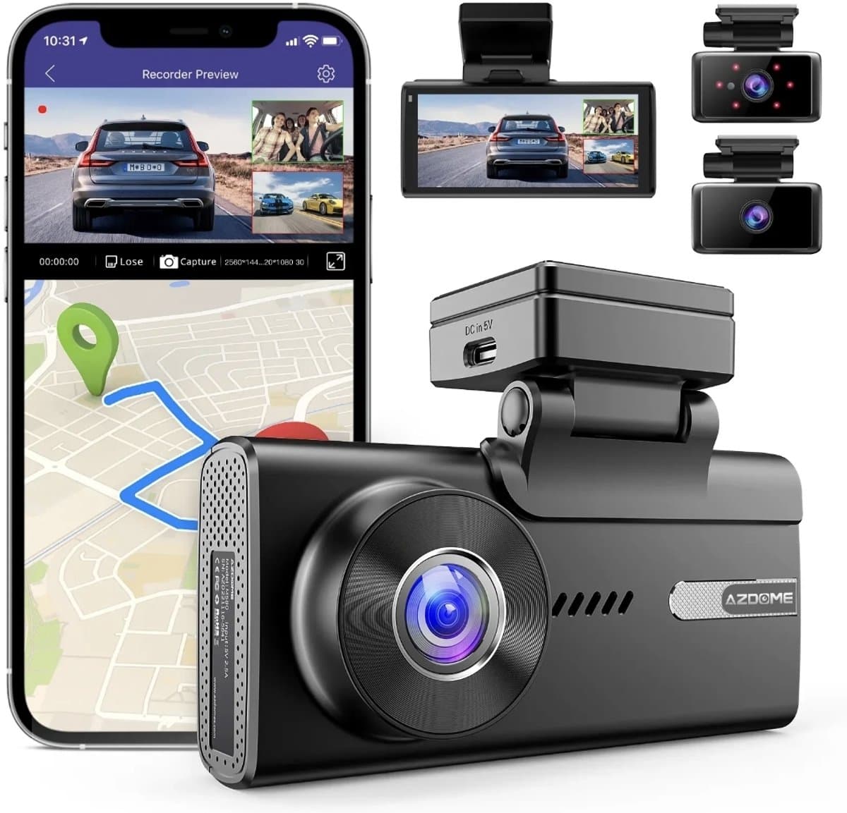 AZDome Dashcam M580 Pro 5K 3CH Wifi Auto Video Recorder 64gb + Interieur en Achter Camera Zwart