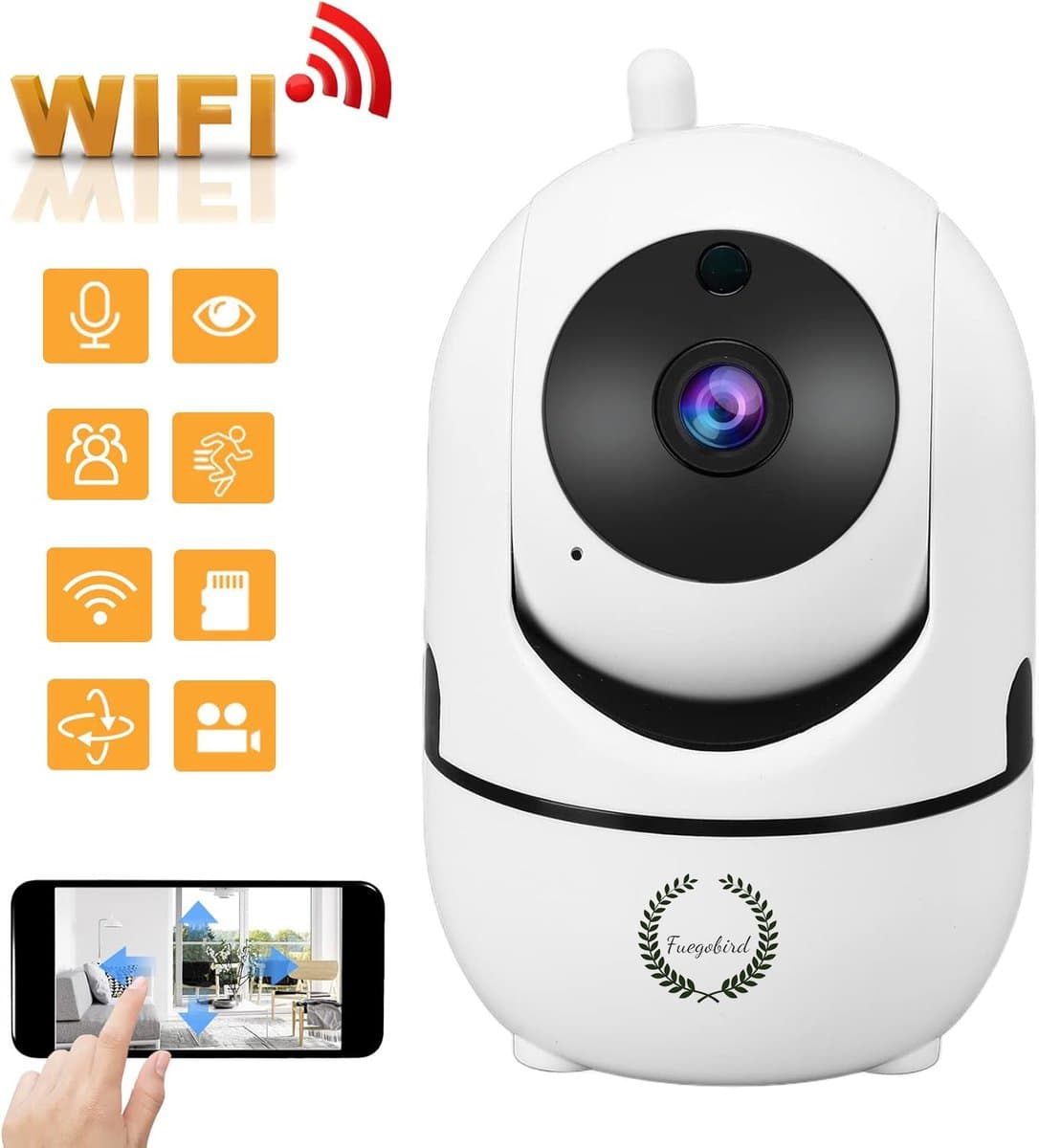 Fuegobird Indoor IP Camera - 1080P - Beveiligingscamera - Huisdiercamera - Baby camera - Compatibel met 2.4G/5G WIFI - Beweeg en geluidsdetectie - Werkt met app - Wit