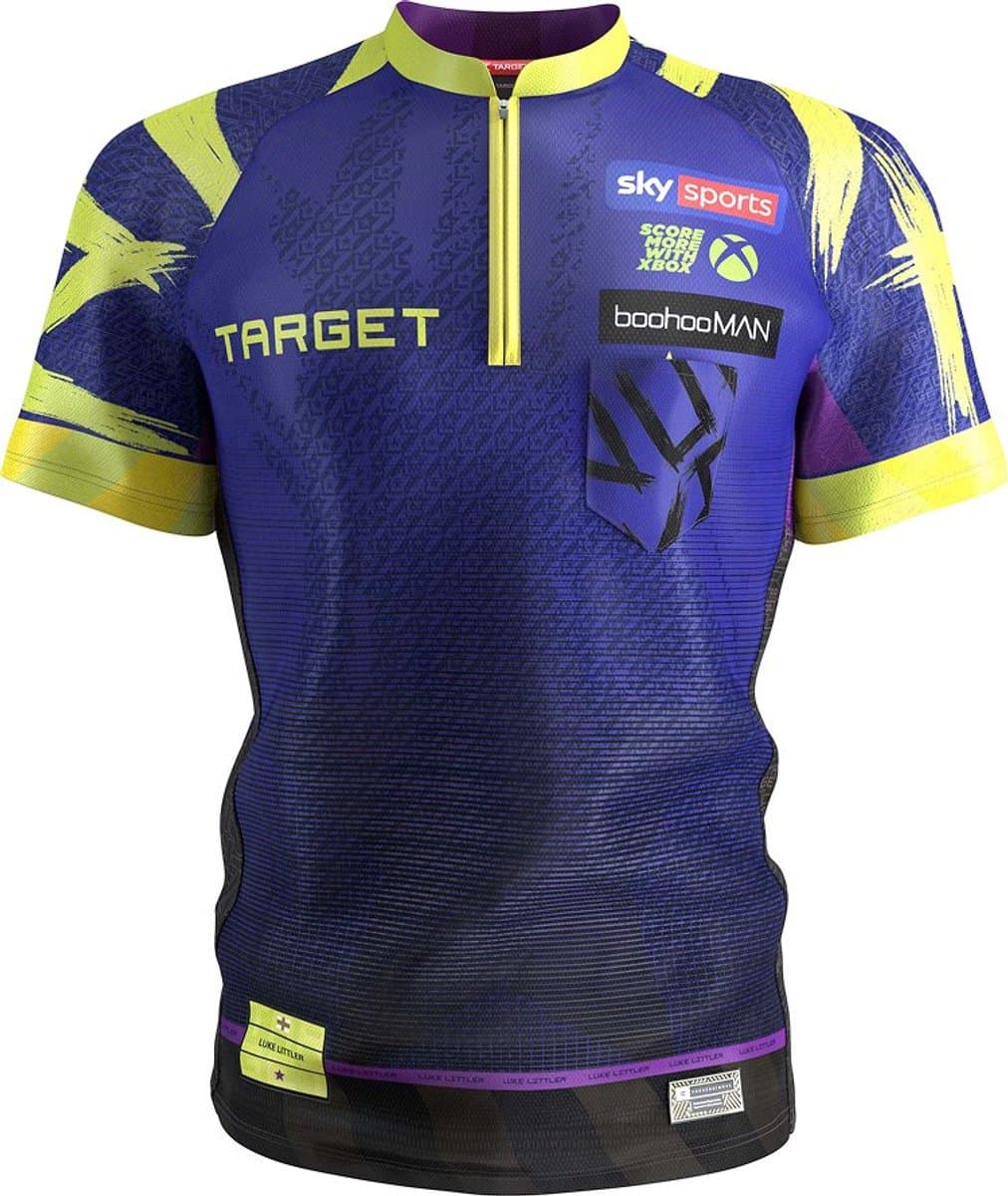 Target Darts Luke Littler Officieel Dartshirt 2026 The Nuke Volwassenen Maat S - Polymesh Microvezel Stof - Kraagloze Dartkleding met Ventilatiesysteem - Paars Navy Geel Design