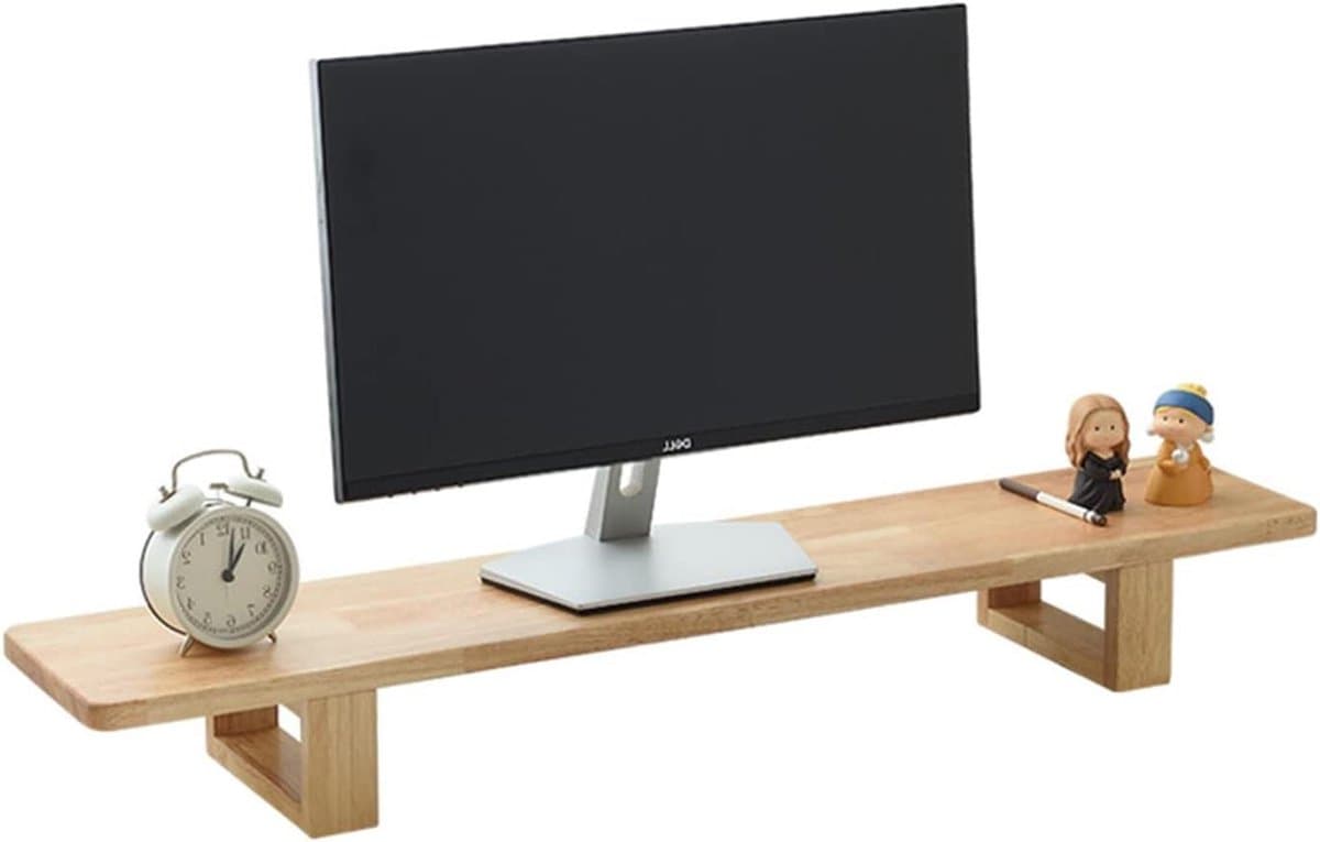 Houten Monitor Stand - Bureau Verhoger - Bureau Organisatie - Massief Hout - 80CM Breed - Natuurlijk Hout