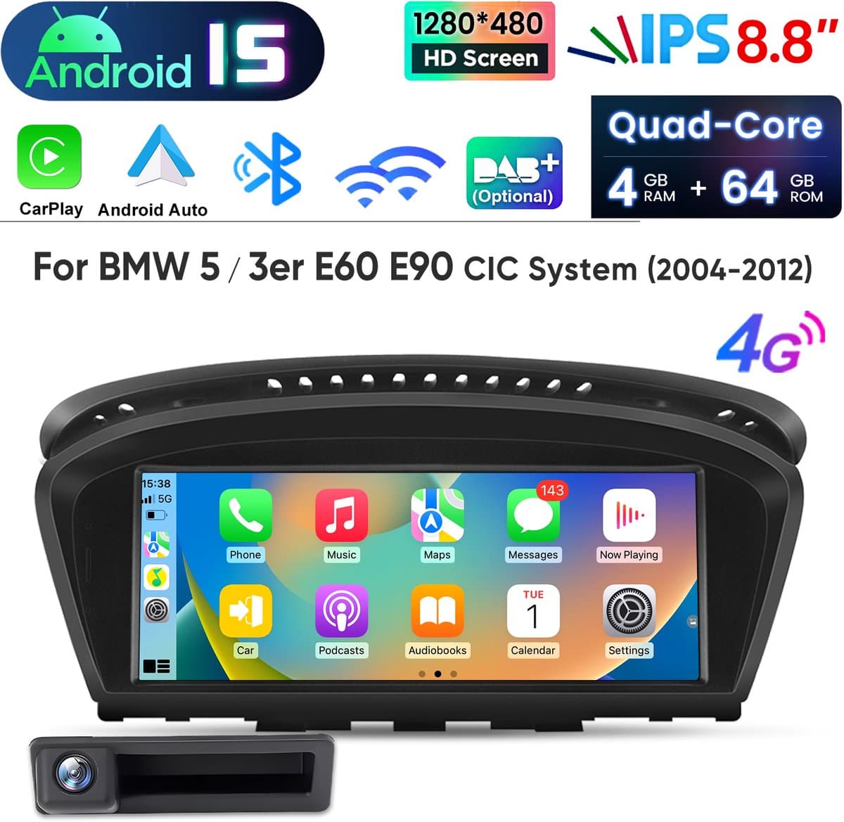 Junsun autoradio Geschikt voor BMW E60 E61 E90 E91 CIC Systeem, Android 15 - Achteruitrijcamera Draadloze CarPlay & Andriod Auto, DAB+, GPS-navigatie, Bluetooth, 8,8 Inch TouchScreen, SWC, WiFi, DSP, FM , 4+64GB, DSP & 4G, Octa-core processor