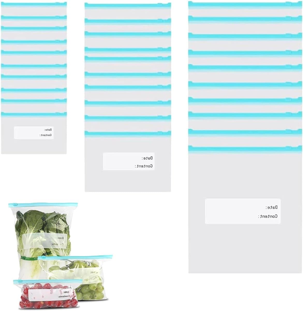 Herbruikbare diepvrieszakken set van 60 stuks - grote, middelgrote en kleine formaten - ideaal voor groenten, melk en snacks - BPA-vrij en lekvrij - eenvoudig schoon te maken