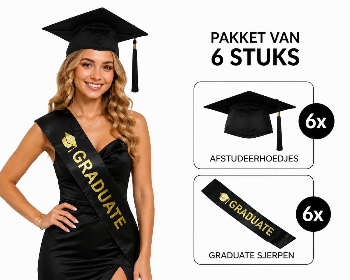 Premium Graduation Party Set – 6 Afstudeerhoedjes met 6 Graduate Sjerpen