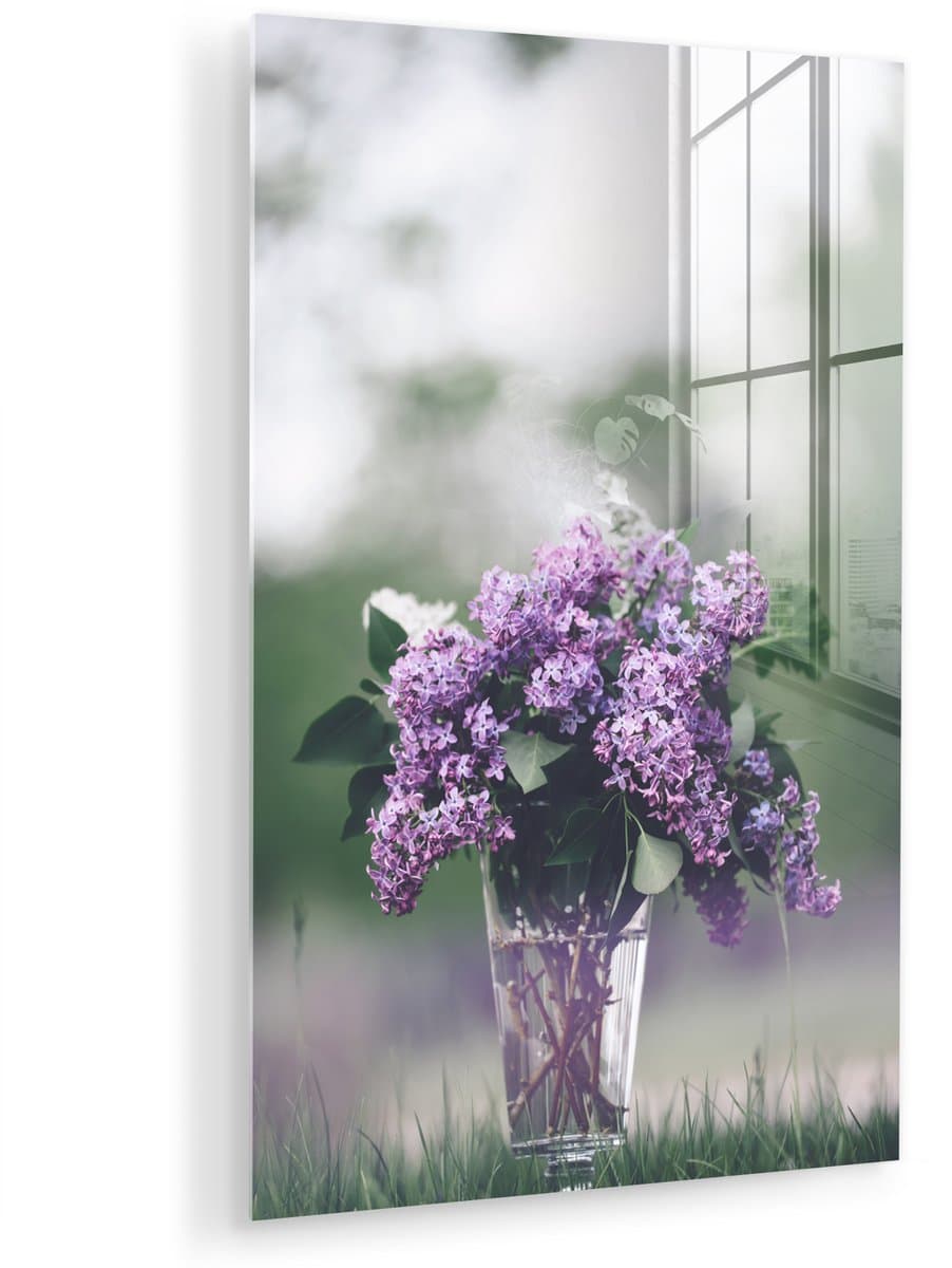 ® Glasschilderij 100x150 cm - Schilderij acrylglas - Zoet geurende sering in glazen vaas - Foto op glas - Muurdecoratie woonkamer - Wanddecoratie slaapkamer - Schilderijen