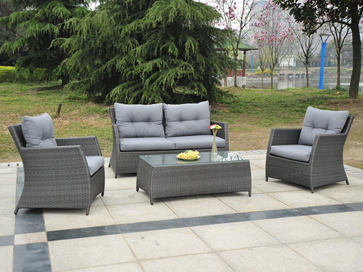 Loungeset 4 delig - Grijs wicker met grijze kussens - Tweezitsbank met 2 stoelen en 1 tafel