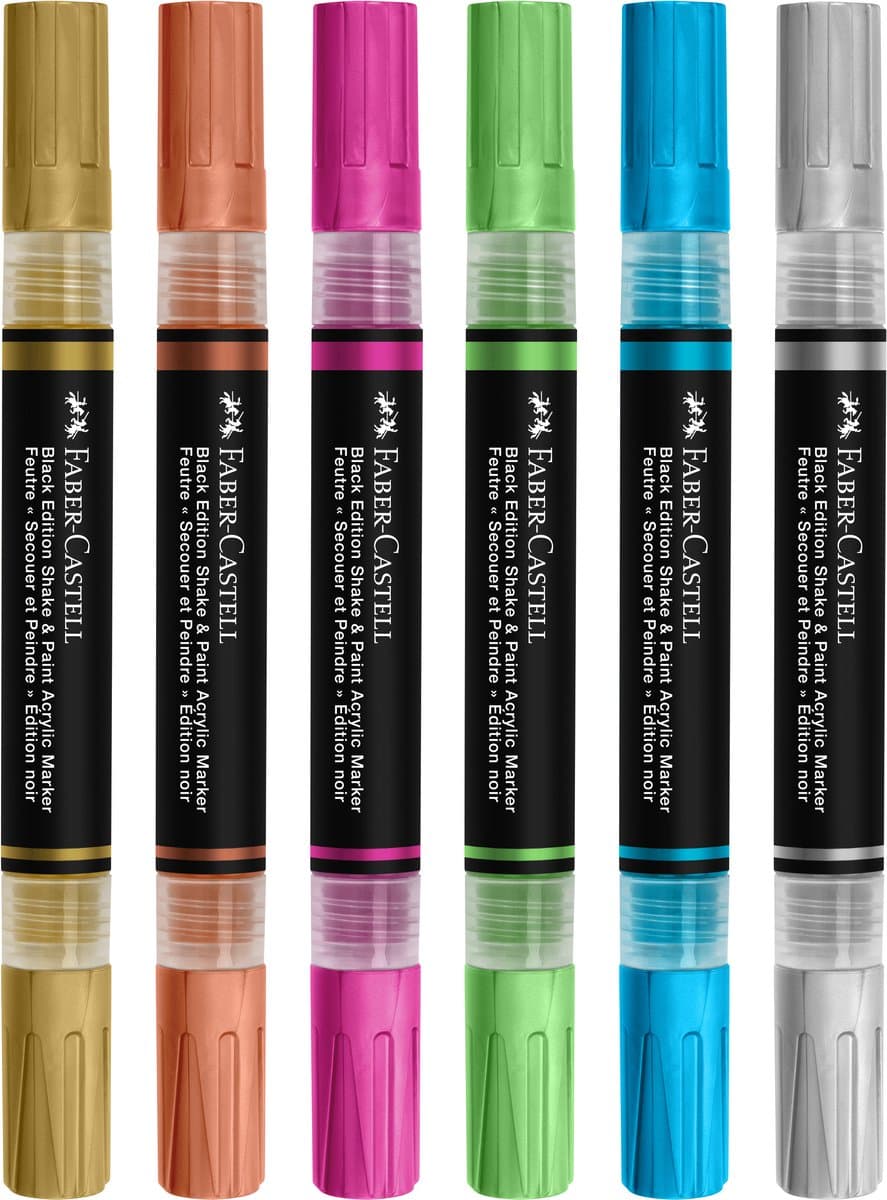 Faber-Castell acryl marker set - zwarte editie, 6 stuks, metallic kleuren