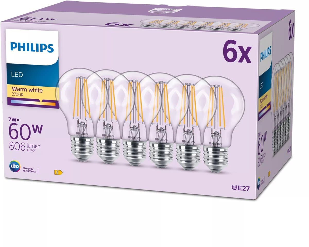 Philips LED Classic Lamp Mat - 60 W - E27 - Warmwit licht - 6 stuks