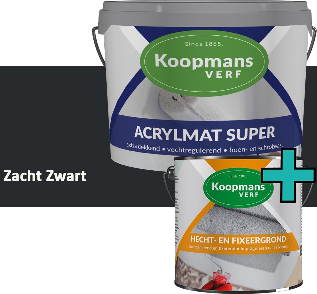 Koopmans Hecht- en Fixeergrond + Acrylmat Super Muurverf Set – Voorstrijk & Matte Muurverf - Binnen en Beschut Buiten - Zacht Zwart – 2x - 2,5 l