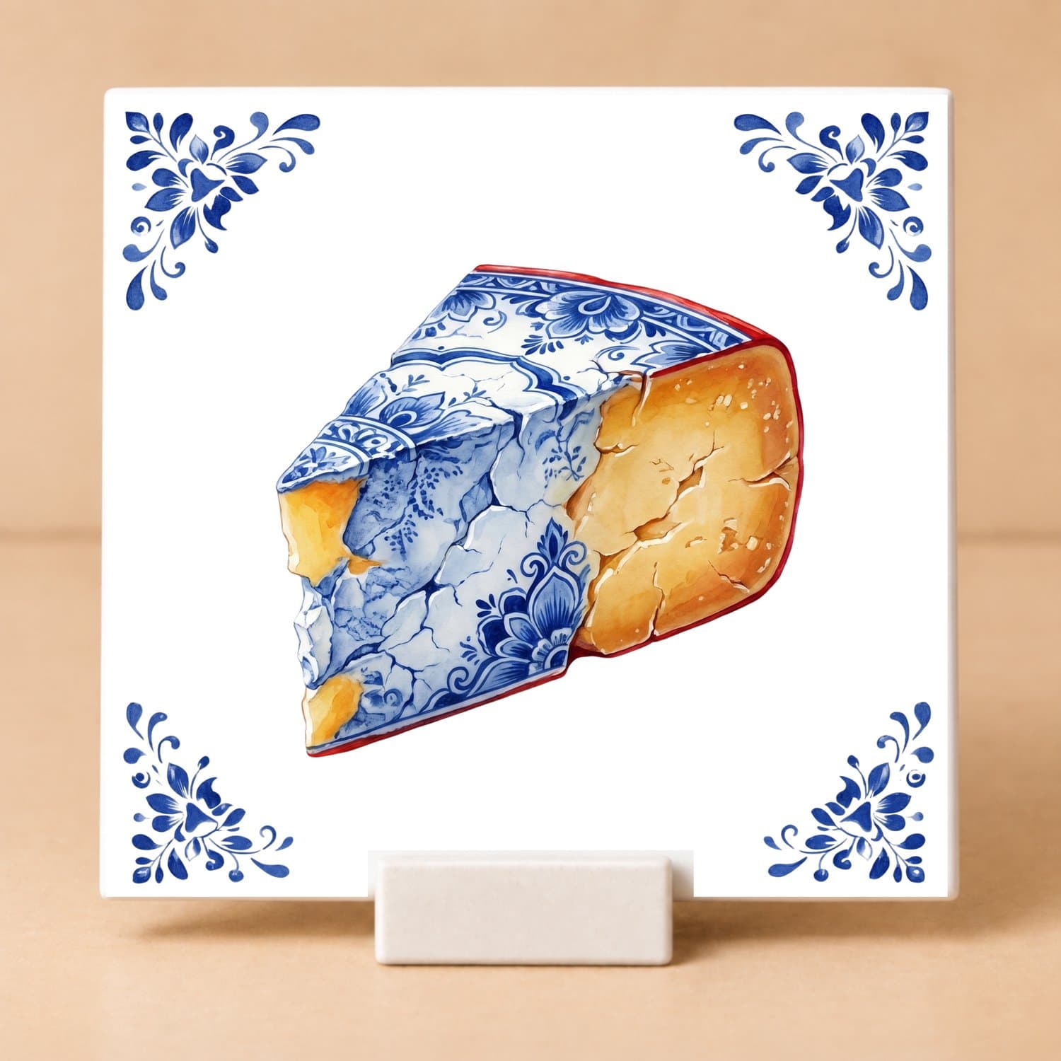 Delftsblauw Tegeltje 11x11 Kaas met Houdertje – Cadeau voor Kaasliefhebber of Hollandfan