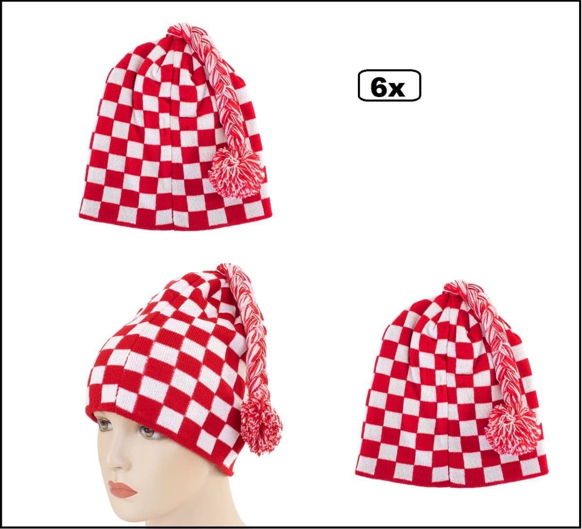 6x Gebreide muts geblokt rood/wit met flosje Brabant - Thema feest optocht Brabant
