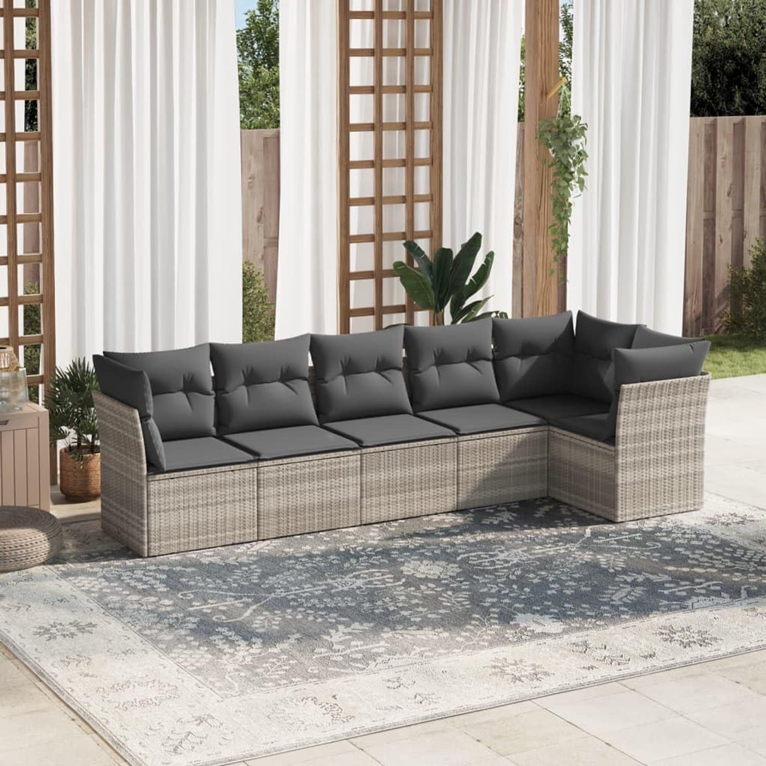 6-delige tuinbankset met kussen lichtgrijs poly rotan, modulair design, weerbestendige PE-rotan meubels, comfortabele loungeset met opbergruimte en afneembare hoezen