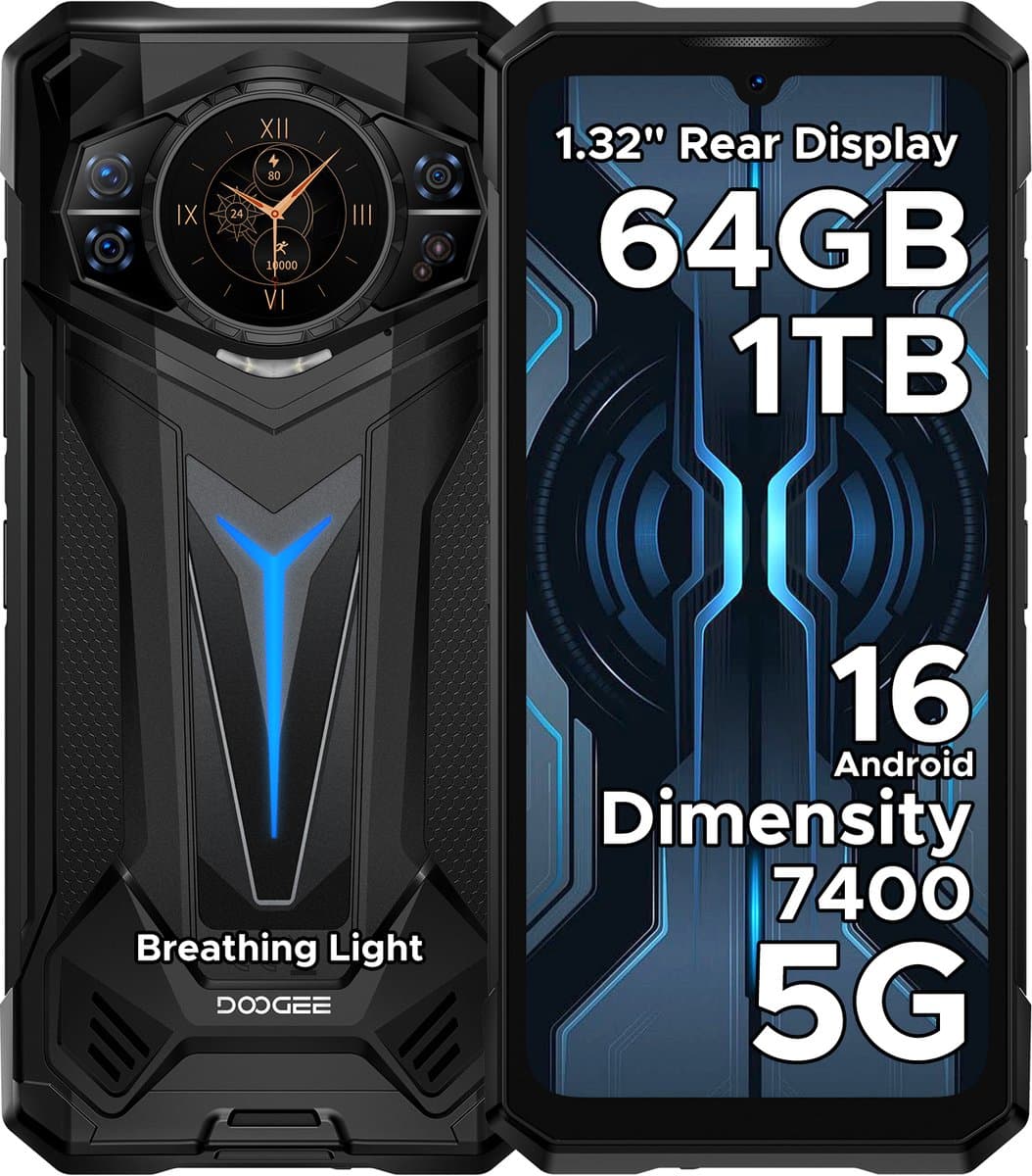 DOOGEE S200 Ultra 5G - Robuuste Smartphone - Robuuste Telefoon - 48GB RAM + 1TB ROM (2TB /TF) - Dimensity 7400 - 11000 mAh /66W - 6,72 inch 120Hz - Android 15 - Nachtzicht -100 MP AI camera - NFC - GPS - 1,32 inch display achteraan - Zwart
