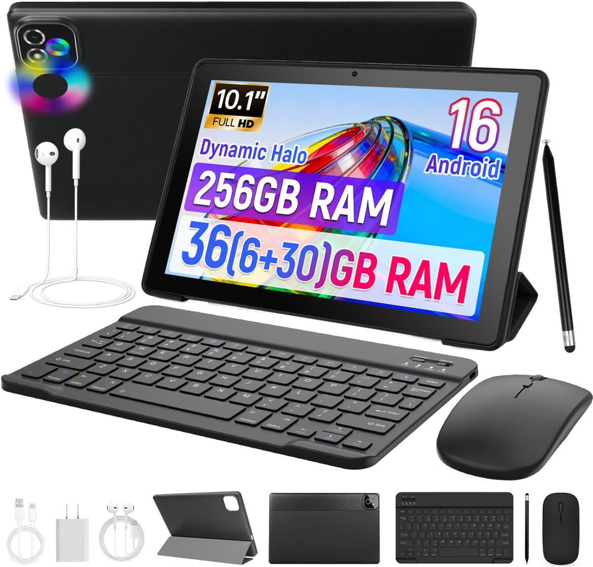 Android 16 Tablet - 10.1 inch Tablets- 6GB RAM + 256GB opslag - 6000mAh - Gemini AI - Inclusief Hoesje, Toetsenbord, Muis & Koptelefoon - WiFi 6 - Zwart